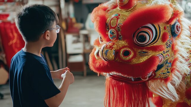 A young boy facing a vibrant traditional lion dance head indoors, anticipating performance