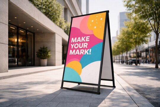 Modern A-frame sign with colorful abstract design and motivational message