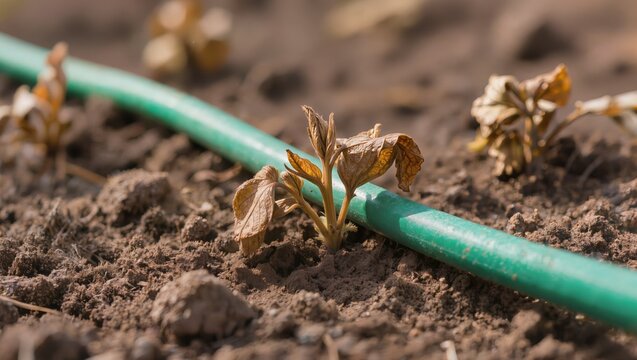 Drying plant sprouts next to a green drip irrigation hose in dry soil. Concept of agricultural water management, crop failure prevention, irrigation systems, and drought impact