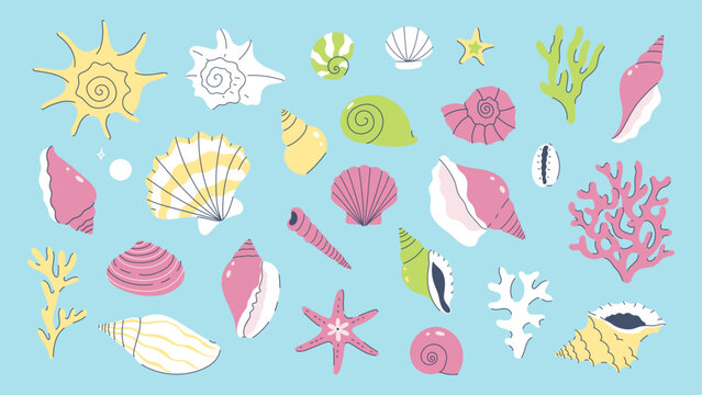 Set of seashells, corals, and starfish. Vector graphics.