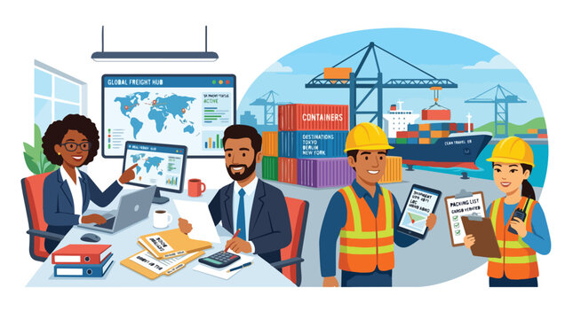 Global Freight Hub Logistics and Shipping Industry Professionals Working Together in a Busy Port with Containers and Cargo Ship
