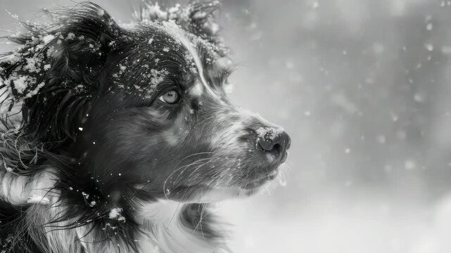 A dog gazing into the distance with snow in its eyes and fur. A beautiful winter scene.