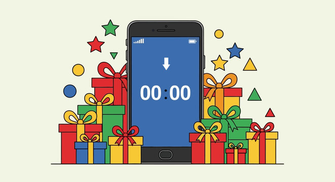 A smartphone with a countdown timer surrounded by colorful gifts and festive decorations.