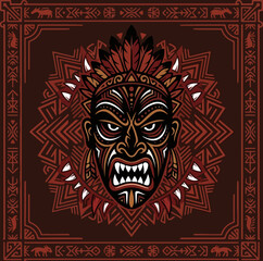 Obraz premium Tribal warrior mask with fierce expression and ornate geometric pattern background.