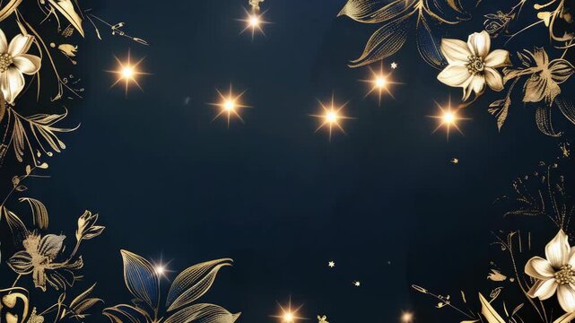 Golden celestial border with starry night and floral accents.