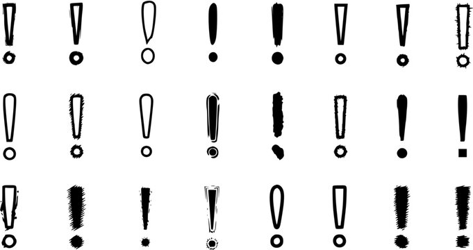Collection of 24 different hand-drawn and grunge style exclamation marks, including solid, outline, and brush stroke variations, perfect for warning, attention, or emphasis.