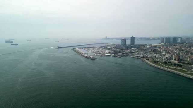 Istanbul Atakoy Marina and Bakirkoy ferry terminal circle far shot