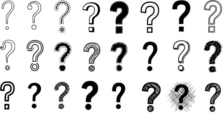 Set of Diverse Black and White Question Mark Symbols in Various Styles for Queries, Doubt, and Information Seeking Concepts