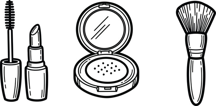 Elegant black and white sketch of cosmetic essentials mascara lipstick powder compact and makeup brush