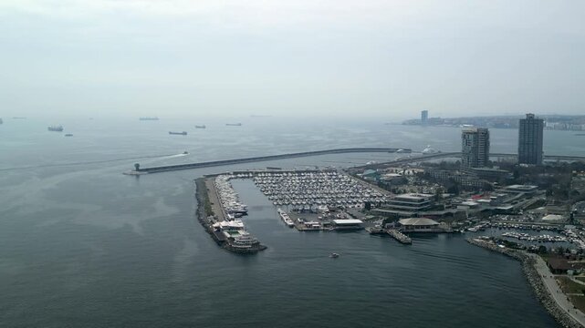 Istanbul Atakoy Marina and Bakirkoy ferry terminal zoom-out shot