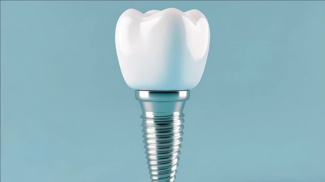 featuring a single white tooth with an embedded screw or implant on a blue background, symbolic of dental work and oral health.