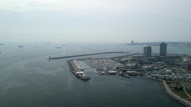 Istanbul Atakoy Marina and Bakirkoy ferry terminal rotation left shot