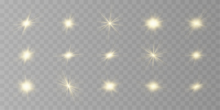 Bright golden suns shine with smooth gradients. Warm light creates cheerful visual energy. Perfect design element for banners and creative sets. Vector