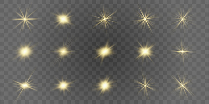 Golden sun symbols shimmer with soft light. Gentle glow creates happy summer style. Perfect design element for creative sets and banners. Vector