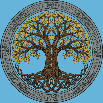 Yggdrasil tree of life with celtic knotwork and runic circle.