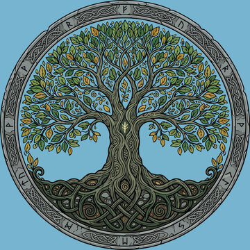 Yggdrasil Tree of Life Celtic Knotwork Illustration.