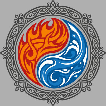 Yin Yang symbol featuring stylized fire and water elements.
