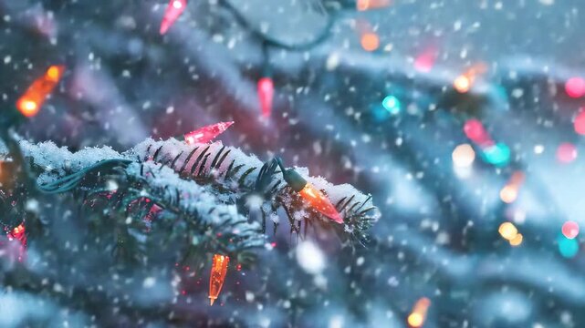 A festive scene with a snowy tree adorned with colorful lights and ornaments.
