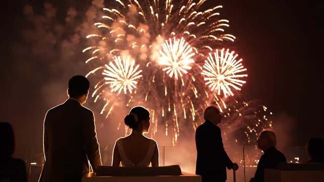 Silhouettes of spectators on a luxury rooftop balcony watching Da Nang International Fireworks Festival with golden sparks and glowing rim lighting