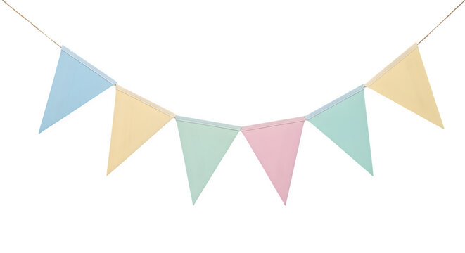 Pastel colored triangular flags hang on a string outdoors