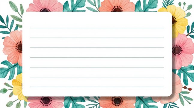 Watercolor floral frame surrounds lined notepad for notes. Garden theme with pink orange yellow flowers green leaves. Perfect for invitations or greeting cards, invitations, scrapbooking.
