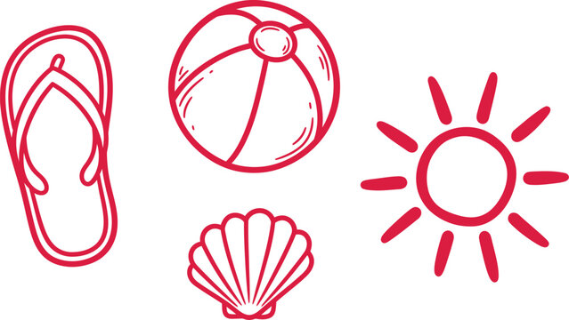 A vibrant summer collection featuring a flip flop beach ball seashell and sun all sketched in a playful hand drawn style