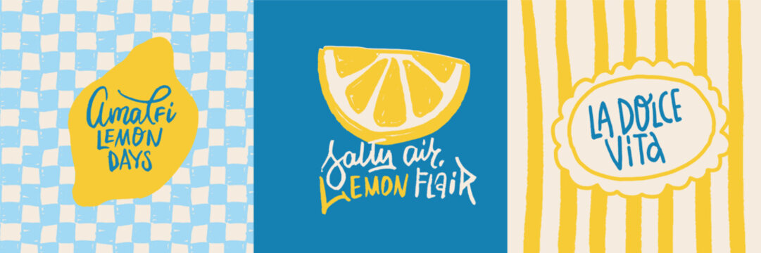 Amalfi lemon days triptych poster set with hand drawn citrus, salty air lemon flair quote and rustic stripe textures, textured Mediterranean summer prints for wall art, cards, coastal branding. Vector
