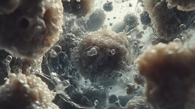 Microscopic cells are seen replicating and interacting within a biological environment, illustrating concepts of disease, health science, and medical research at a cellular level