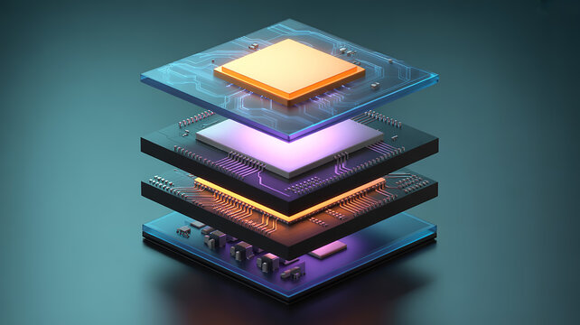 A photorealistic 3D a computer processor cross-section with multiple layers