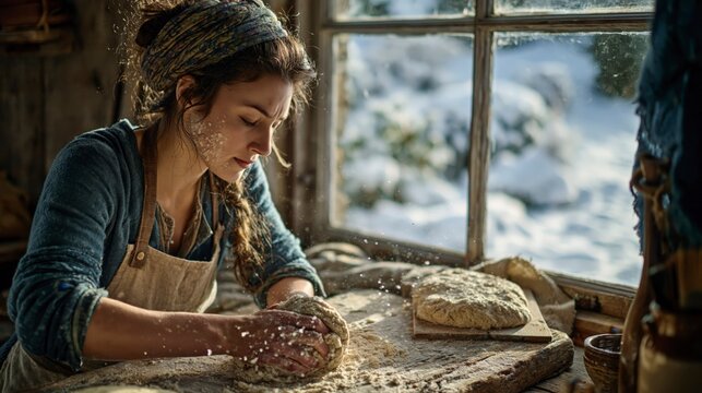 Woman kneading dough by a snowy window