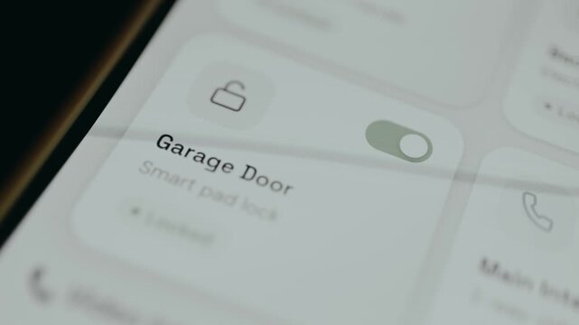 Person locks the Garage Door using a smart home security application on mobile phone
