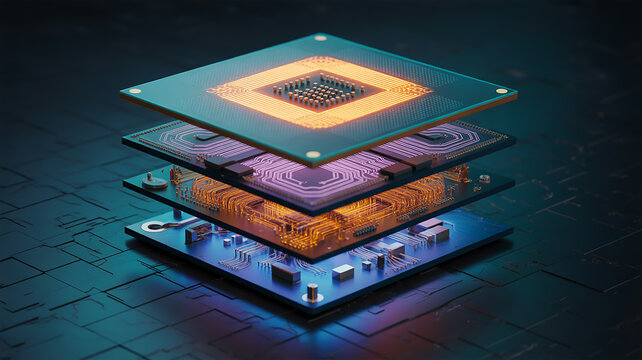 A photorealistic 3D a computer processor cross-section with multiple layers