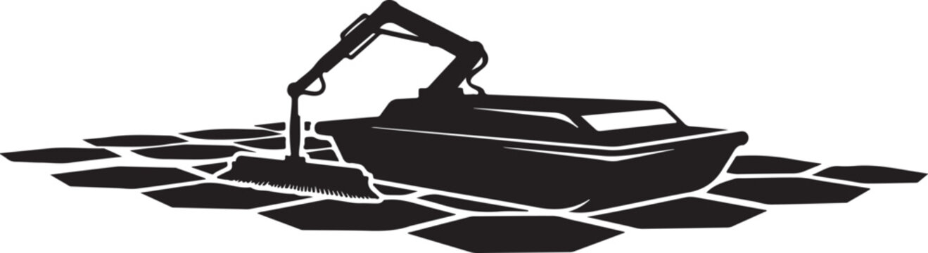 Black boat, excavator, silhouette, vector, water, industrial, heavy machinery