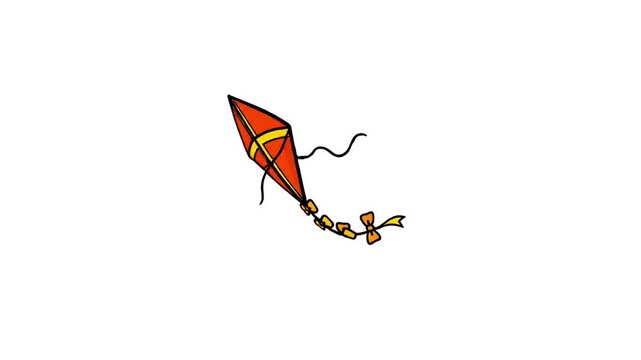 A vibrant orange kite with a yellow cross design, soaring through the air with a long, flowing tail.