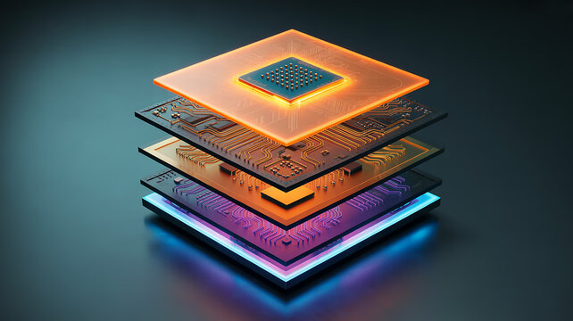 A photorealistic 3D a computer processor cross-section with multiple layers
