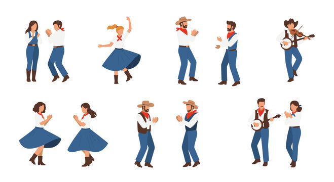 Multiple diverse characters dressed in traditional western cowboy attire perform energetic country line dancing moves while musicians play the banjo and fiddle.