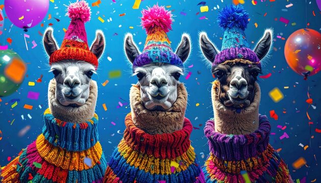 Three llamas wearing colorful knitted sweaters and party hats with pompons celebrating with falling confetti and balloons