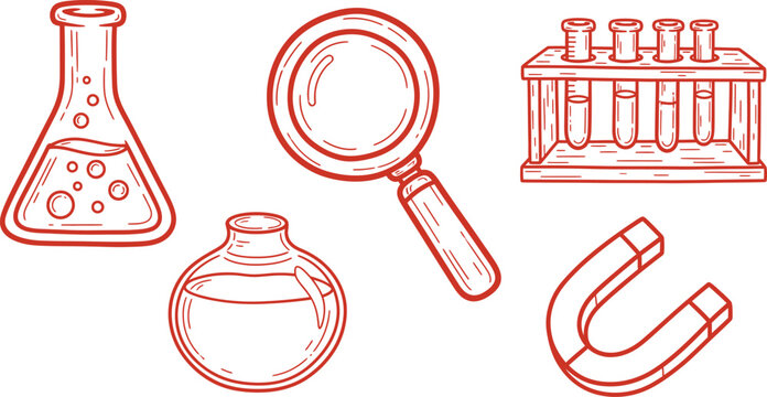 Hand drawn scientific equipment illustration flasks magnifying glass test tubes and laboratory tools sketch