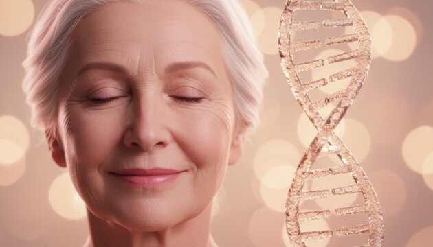 Serene senior woman with closed eyes posing next to glowing DNA double helix structure symbolizing genetics and longevity