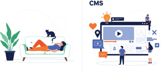 Naklejka premium Content management system vector illustration with CMS dashboard, digital marketing tools and remote work lifestyle concept design