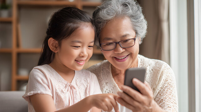 Granddaughter showing her grandma how to use mobile apps