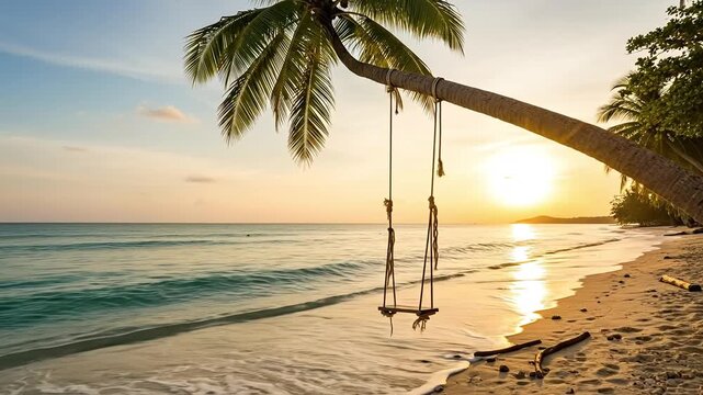 A serene beach scene with a swing under a palm tree at sunset.