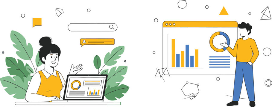 Business data analysis and dashboard vector illustration with charts, graphs, performance metrics and digital analytics concept