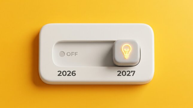 Light switch graphic showing transition from off year 2026 to on year 2027