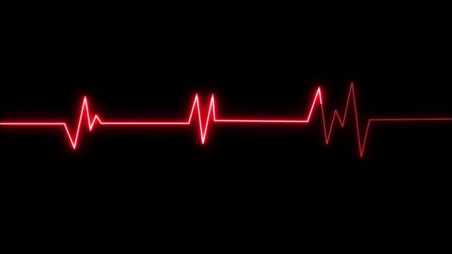 Neon red ECG heartbeat line animation on black background, heart monitor pulse
