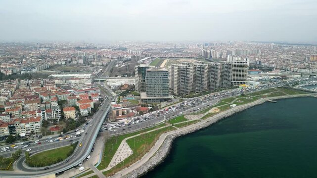 Istanbul/Turkey circa 2023: Hilton Istanbul Hotel Bakirkoy circling shot