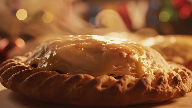 Close-up of a Golden Freshly Baked Chilean Empanada with Steam Rising at Sunset for Fiestas Patrias