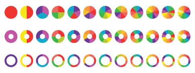 Circle pie chart set. Colorful diagram with 10 sections. Vector illustration isolated on white background.Stylish simple pie donut chart diagram vector template.