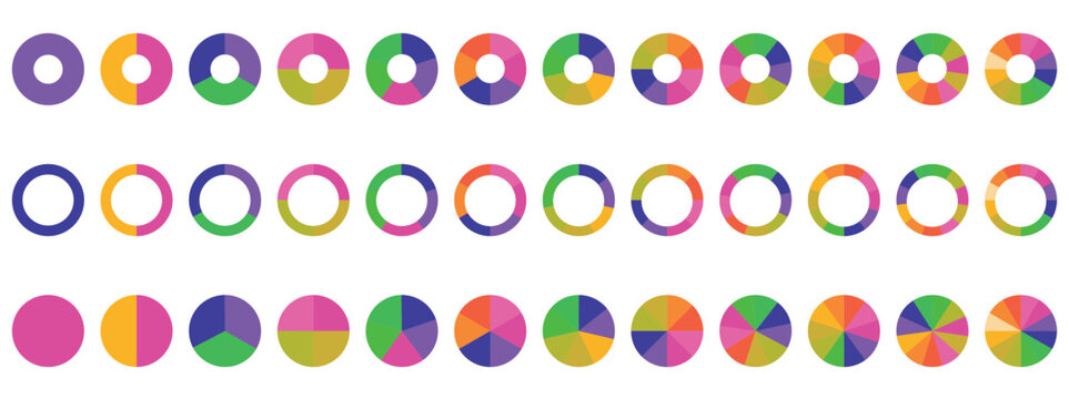 Pie chart color icons. Segment slice sign. Circle section graph. 1,2,3,4,5,6,7,8 segment infographic.Vector circle arrows infographic, cycle diagram, graph, presentation chart. 