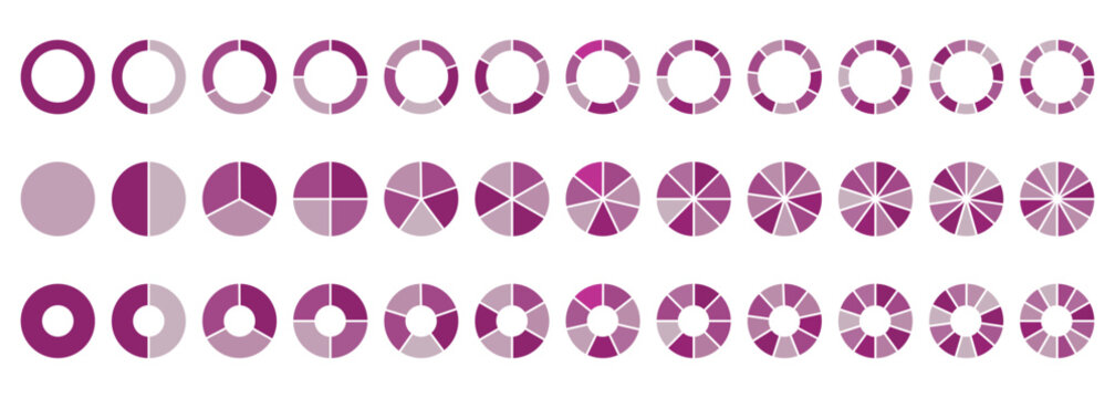 Pie charts diagrams. Different color circles. donut and pie chart infographic elements set. 12 and 24 segments of crossed ring.